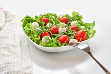 Top view salad with mozzarella cheese arugula, lettuce leaves, spinach, tomatoes and sunflower seeds