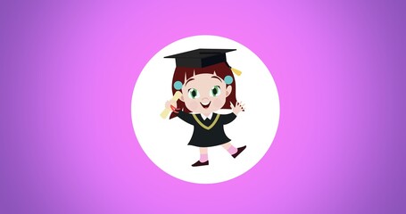 Composition of cartoon schoolgirl in white circle on purple background