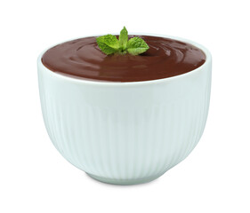 Delicious chocolate cream with mint in bowl on white background