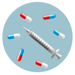 Syringe and pills. Pharmacy and drug symbols. Medical illustration on white background.
