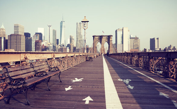 Retro stylized picture of Brooklyn Bridge, New York City, USA