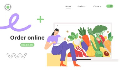 Concept of order food online. Flat vector illustration with dietetic or organic products or balanced nutrition. A young woman uses a mobile app or website to order or delivery.
