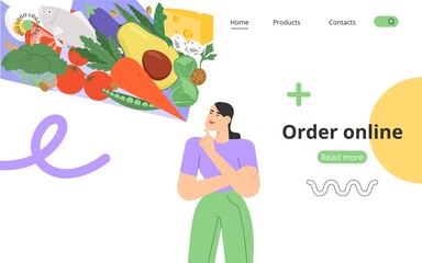 Concept of order food online. Flat vector illustration with dietetic or organic products or balanced nutrition. A young woman uses a mobile app or website to order or delivery.
