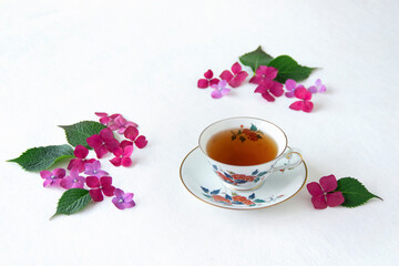 Obraz na płótnie Canvas 紅茶とマゼンタの紫陽花の花束