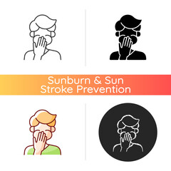 Nausea icon. Sick person covering mouth. Ill man with stomachache ready to throw up. Food poisoning. Heat exhaustion symptom. Linear black and RGB color styles. Isolated vector illustrations