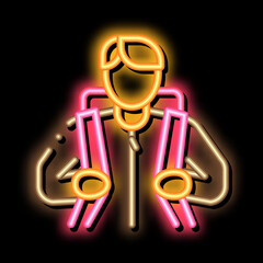 man traveler with backpack neon light sign vector. Glowing bright icon man traveler with backpack sign. transparent symbol illustration