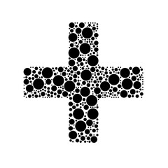 A large plus symbol in the center made in pointillism style. The center symbol is filled with black circles of various sizes. Vector illustration on white background
