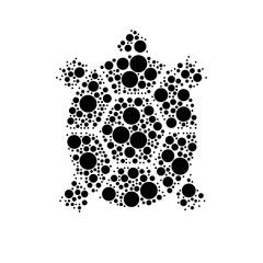 A large turtle symbol in the center made in pointillism style. The center symbol is filled with black circles of various sizes. Vector illustration on white background
