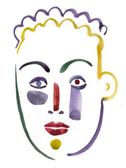 Hand-painted watercolor face in primitivism