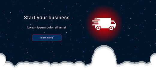 Business startup concept Landing page screen. The delivery symbol on the right is highlighted in bright red. Vector illustration on dark blue background with stars and curly clouds from below