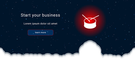 Business startup concept Landing page screen. The drum symbol on the right is highlighted in bright red. Vector illustration on dark blue background with stars and curly clouds from below