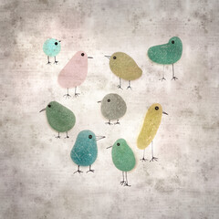 stylish textured old paper background with funny little birds made of sea glass pebble pieces  © Tamara Kulikova