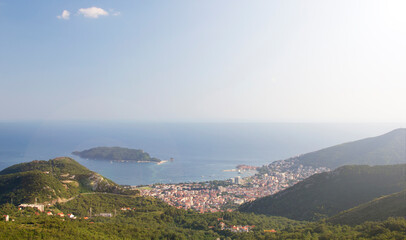 Obraz premium Top view of the Budva city and its coast. Montenegro.