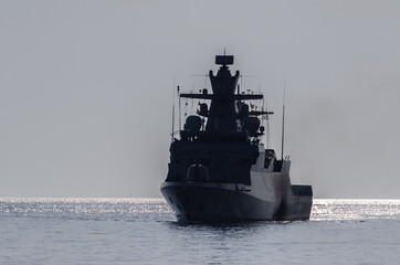 WARSHIP - A German Navy corvette is sails to the port  - obrazy, fototapety, plakaty
