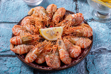 Greenland shrimps in one plate with lemon and on a blue background from a tile.
