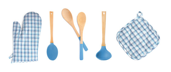 Set with different kitchen utensils and oven glove on white background, top view. Banner design