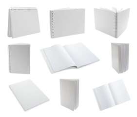 Set with blank paper brochures on white background. Mockup for design