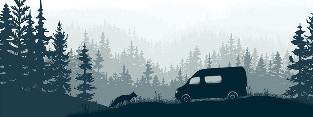 Horizontal banner. Van life. Van on meadow in forest, curious fox. Silhouette of trees, grass. Magical misty landscape, fog. Blue and gray illustration. Bookmark.