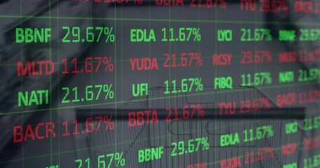 Digital animation of stock market data processing against shopping trolley in grocery store - Powered by Adobe