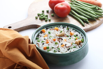 Mix vegetable pulao, an Indian meal, Indian Vegetable Pulav or Biryani made using Basmati Rice