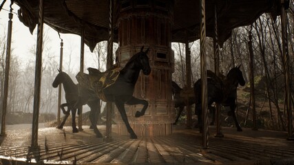 An old abandoned merry-go-round is spinning in the autumn mystical white forest. The concept of an abandoned park after the apocalypse. 3D Rendering. © designprojects