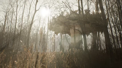 Foto op Plexiglas Een oude verlaten draaimolen draait in het mystieke witte herfstbos. Het concept van een verlaten park na de Apocalyps. 3D-rendering. © designprojects
