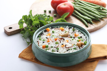 Mix vegetable pulao, an Indian meal, Indian Vegetable Pulav or Biryani made using Basmati Rice