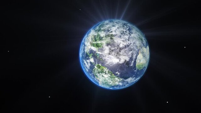 Sunrise and shadow on the earth rotate in space with star in universe. World realistic atmosphere 3D volumetric clouds texture surface.  Elements of this image are furnished by NASA