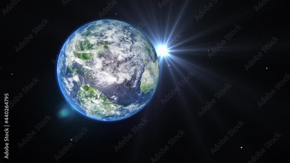 Wall mural sunrise and shadow on the earth rotate in space with star in universe. world realistic atmosphere 3d
