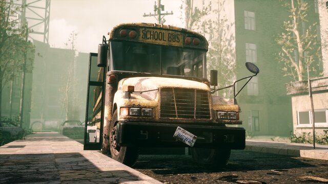 An old abandoned rusty school bus stands in the middle of the road in a deserted city. The image for historical, retro and fiction backgrounds. 3D Rendering. View of the apocalyptic city.