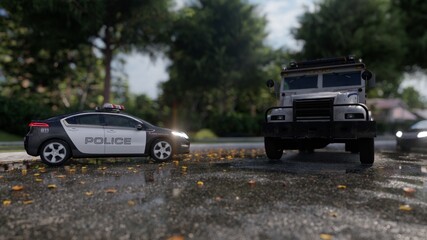 Obraz na płótnie Canvas Police cars drove up to the crime scene. Scene with police cars parked on wet asphalt in an early foggy morning. The image is for criminal, news or police backgrounds. 3D Rendering.