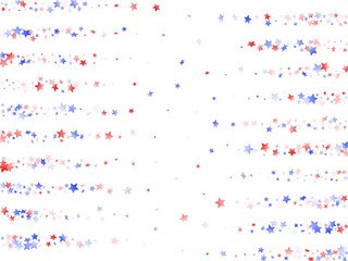 Flying red blue white star sparkles on white vector american patriotic background.