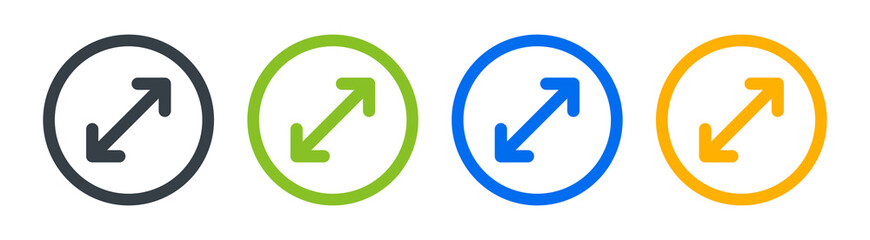 Resize arrow vector icon. Full screen arrow glyph icon on round design.