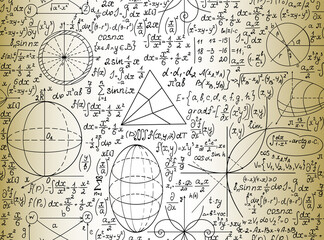 Mathematical manunuscripts and technical drawings handwritten on the old paper, scientific vector seamless pattern