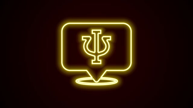 Glowing neon line Psychology icon isolated on black background. Psi symbol. Mental health concept, psychoanalysis analysis and psychotherapy. 4K Video motion graphic animation