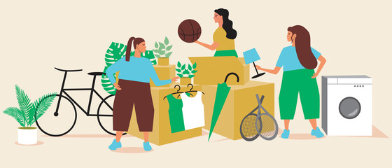 Shopping at a garage sale, flat vector stock illustration with shoppers at a flea market and buying used goods