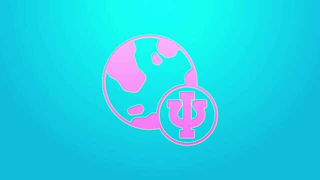 Pink line Psychology icon isolated on blue background. Psi symbol. Mental health concept, psychoanalysis analysis and psychotherapy. 4K Video motion graphic animation