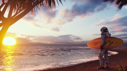 An astronaut is about to surf on a surfboard in the endless ocean on an alien planet. The image is for fantastic, the futuristic or space travel backgrounds. 3D Rendering. © designprojects
