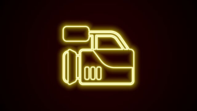 Glowing neon line Cinema camera icon isolated on black background. Video camera. Movie sign. Film projector. 4K Video motion graphic animation