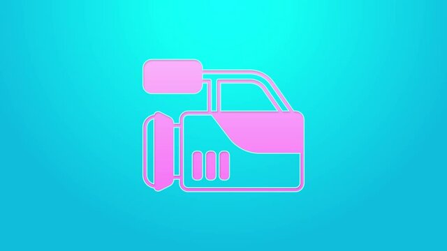 Pink line Cinema camera icon isolated on blue background. Video camera. Movie sign. Film projector. 4K Video motion graphic animation