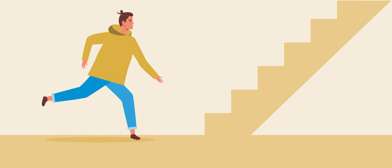Fototapeta na wymiar Run man on the stairs, Flat vector stock illustration with steps up as a concept of achievement, success, rise