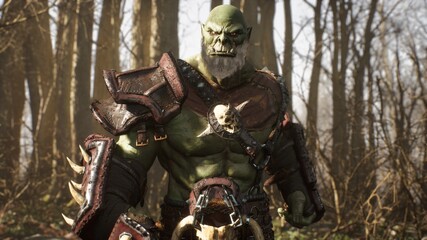 A formidable orc warrior trains before battle and demonstrates combat skills. Fantasy medieval concept. 3D Rendering.
