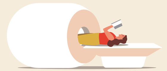 Woman on magnetic resonance imaging, flat vector stock illustration with patient diagnosis or mri