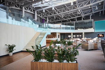 Beautifully designed lounge zone in modern international airport