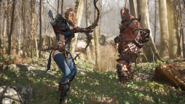 An Elven Girl Archer And A Formidable Giant Orc Prepare For Battle.. Fantasy Medieval Concept. 3D Rendering.