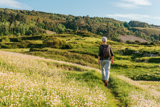 Elderly Woman Doing Low Intensity Exercise, Walking Through A Field With Flowers At Sunset. Active Senior Person.