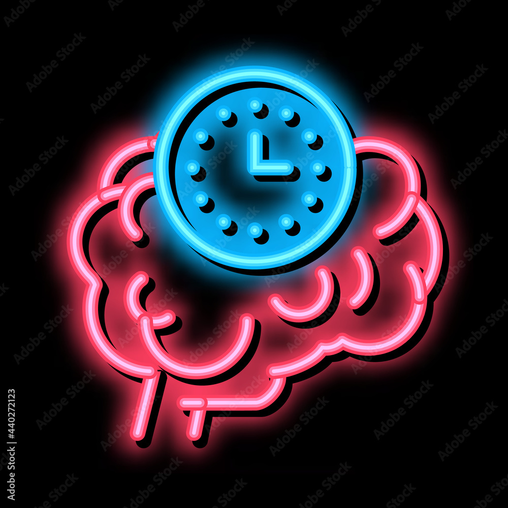 Sticker brain reaction time neon light sign vector. glowing bright icon brain reaction time sign. transparen