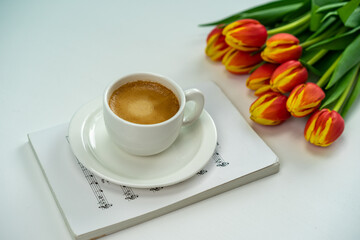 Red tulip on the white background with coffee. Flamed tulip, red and yellow. 