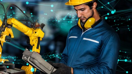 Smart industry robot arms modernization for innovative factory technology . Concept of automation...