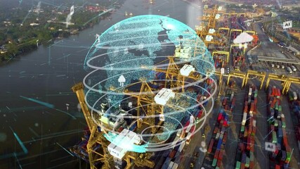 Shipping harbor aerial view with graphic of network technology modernization showing concept of smart digital autonomous technology to control goods import and export stocks calculations . - Powered by Adobe